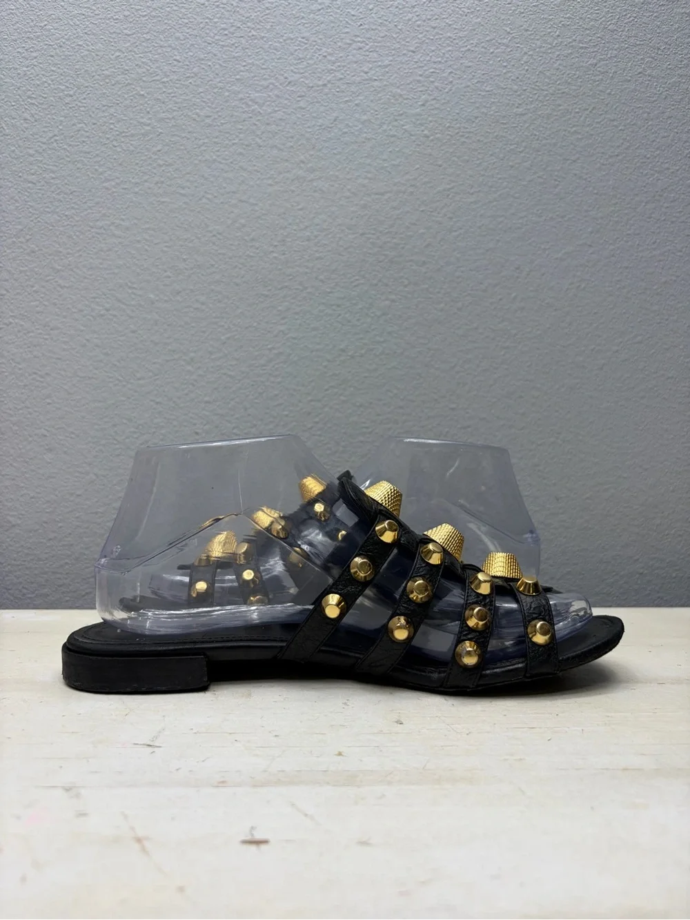 Balenciaga Black Leather Palladium Giant Gold Studded Flat Sandals Size 38
